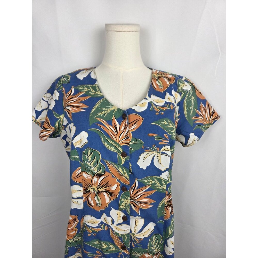 Vtg Hilo Hattie Hawaiian Dress M Blue Hibiscus Floral Rayon Midi Muumuu Tropical - Picture 6 of 10